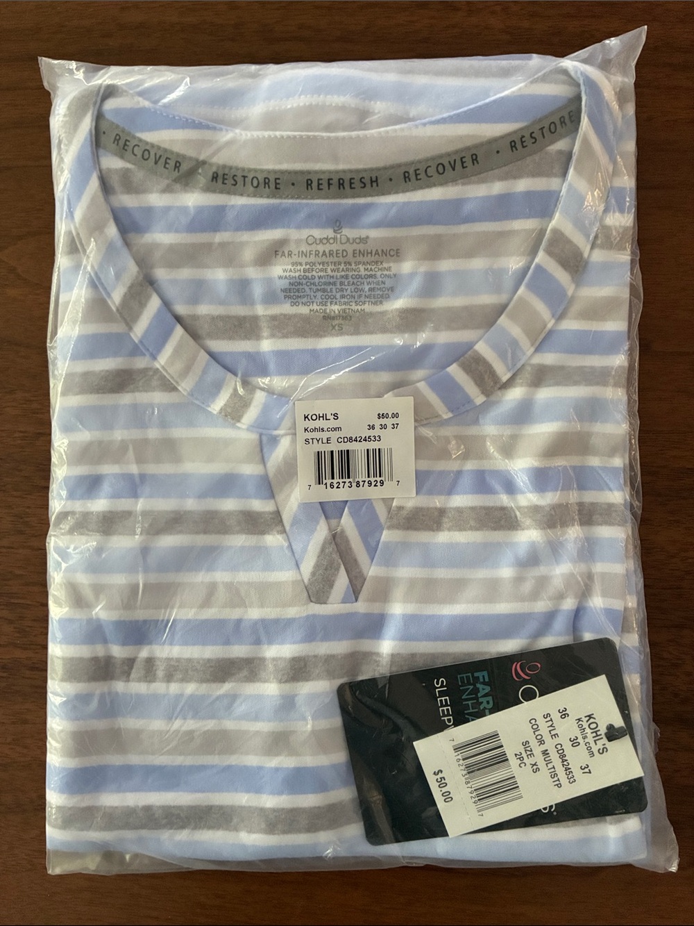 Cuddl Duds Women's Light Blue and Gray Striped Pajama Set